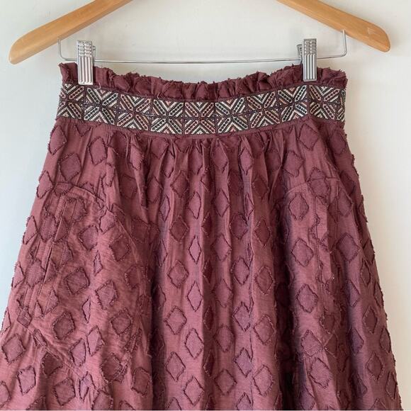 Anthropologie Maeve Diamond Cut Midi Full Skirt Size 2 Embroidered Waist Brown - Picture 3 of 12